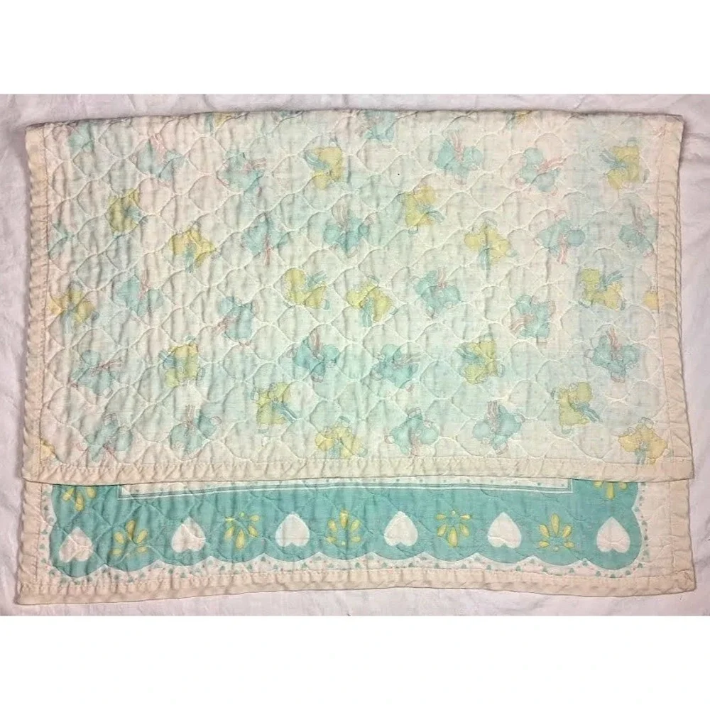Vtg Lamb Baby Crib Comforter Blanket Blue Yellow Sheep Jumping Quilted Fence